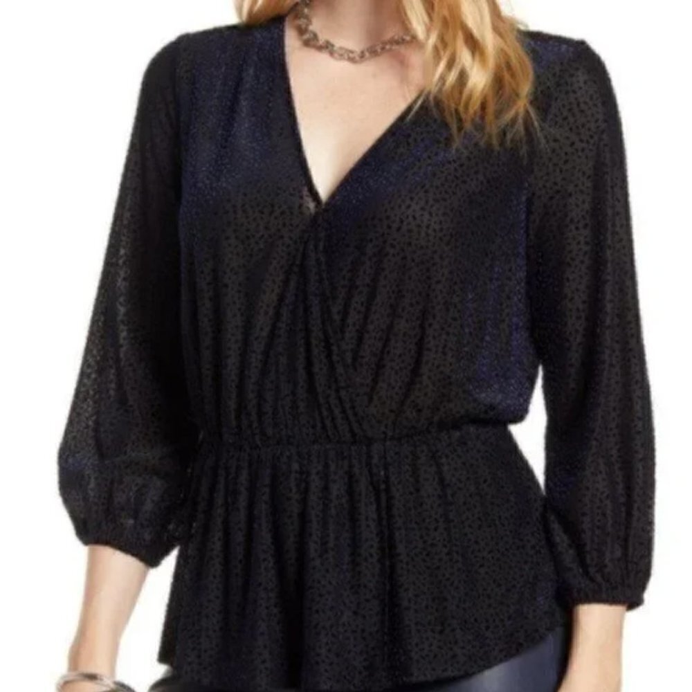 Halogen Women's Size XS Flocked 3/4 Sleeve Peplum Top Navy Blue Oval Velvet
